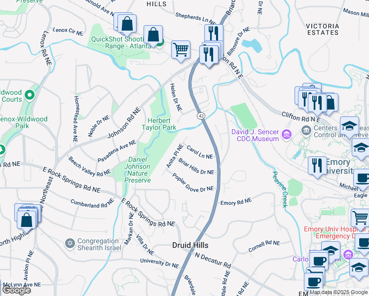 map of restaurants, bars, coffee shops, grocery stores, and more near 1629 Anita Place Northeast in Atlanta
