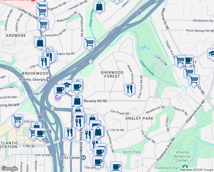 map of restaurants, bars, coffee shops, grocery stores, and more near 1595 Nottingham Way Northeast in Atlanta