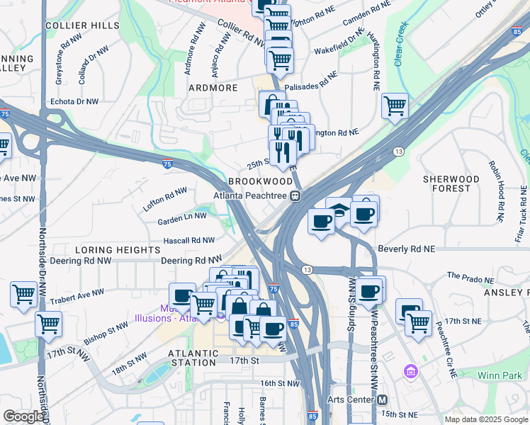 map of restaurants, bars, coffee shops, grocery stores, and more near 7 Alden Avenue Northwest in Atlanta