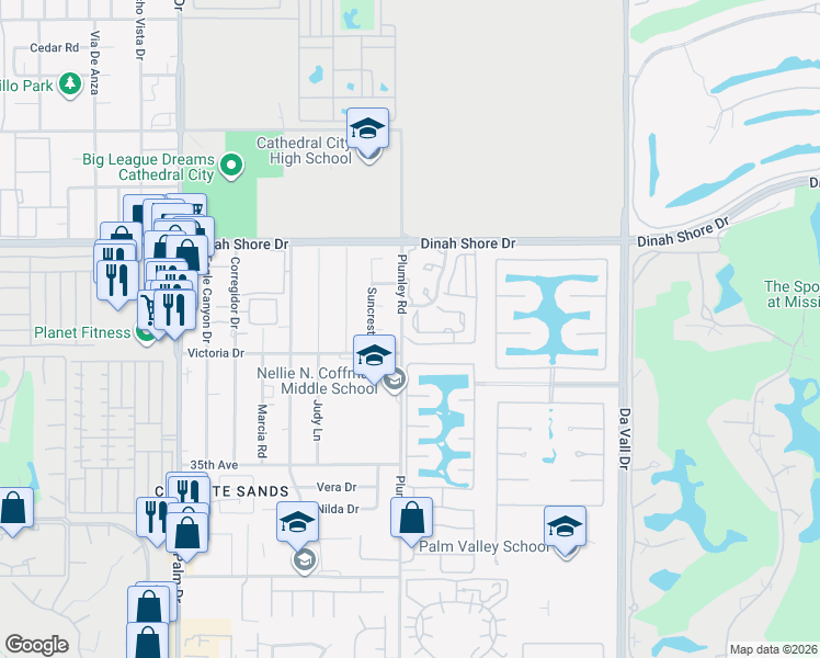 map of restaurants, bars, coffee shops, grocery stores, and more near 34404 Laura Way in Rancho Mirage