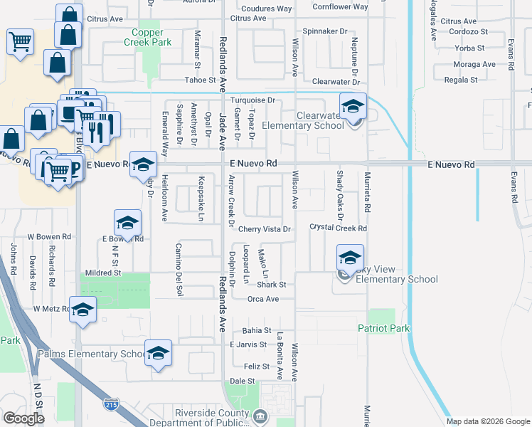 map of restaurants, bars, coffee shops, grocery stores, and more near 534 Cherry Vista Drive in Perris