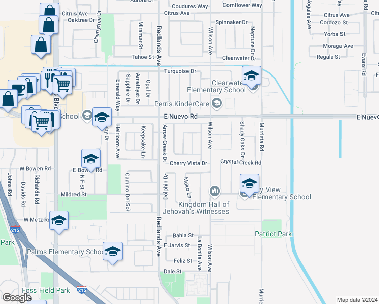 map of restaurants, bars, coffee shops, grocery stores, and more near 1462 Almond Drive in Perris