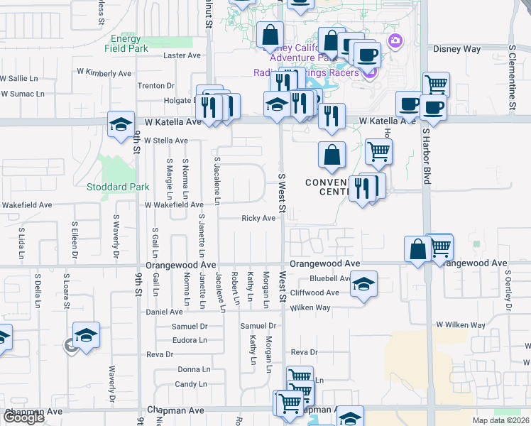 map of restaurants, bars, coffee shops, grocery stores, and more near 11892 Ricky Avenue in Garden Grove