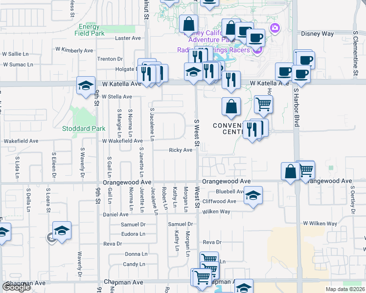 map of restaurants, bars, coffee shops, grocery stores, and more near 11892 Ricky Avenue in Garden Grove