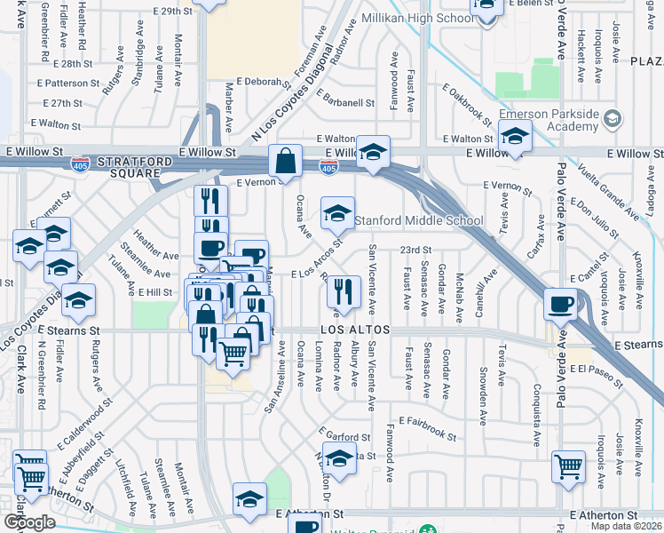 map of restaurants, bars, coffee shops, grocery stores, and more near 2260 Radnor Avenue in Long Beach