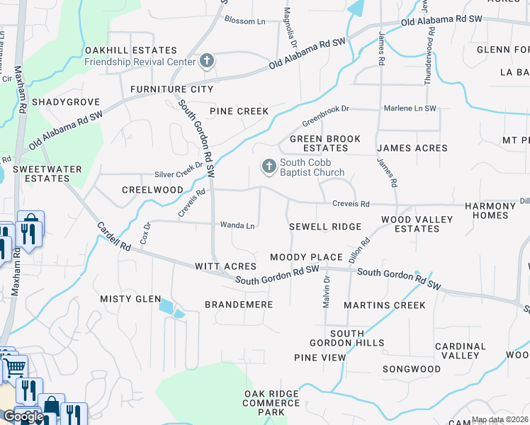 map of restaurants, bars, coffee shops, grocery stores, and more near 6416 Sherwood Trail in Austell