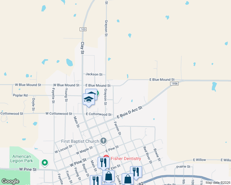 map of restaurants, bars, coffee shops, grocery stores, and more near 1005 Fannin Street in Nocona