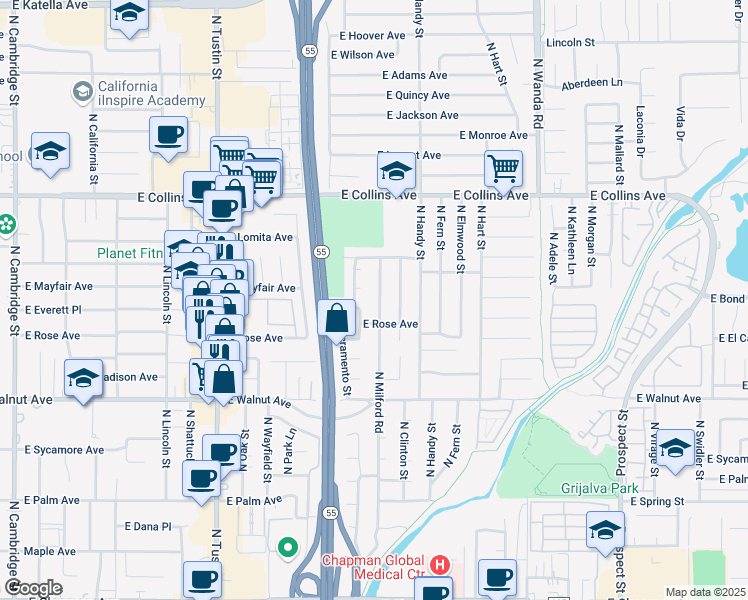 map of restaurants, bars, coffee shops, grocery stores, and more near 696 North Milford Road in Orange