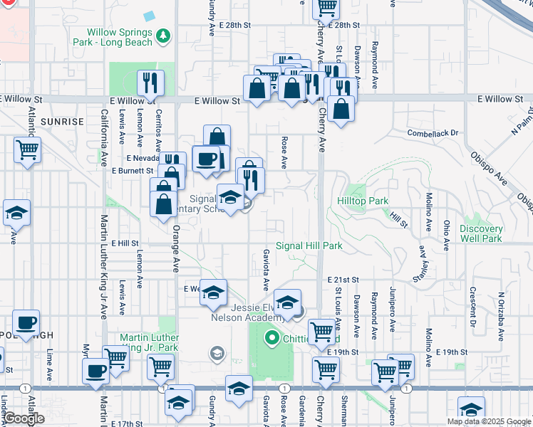 map of restaurants, bars, coffee shops, grocery stores, and more near 2283 Gaviota Avenue in Signal Hill