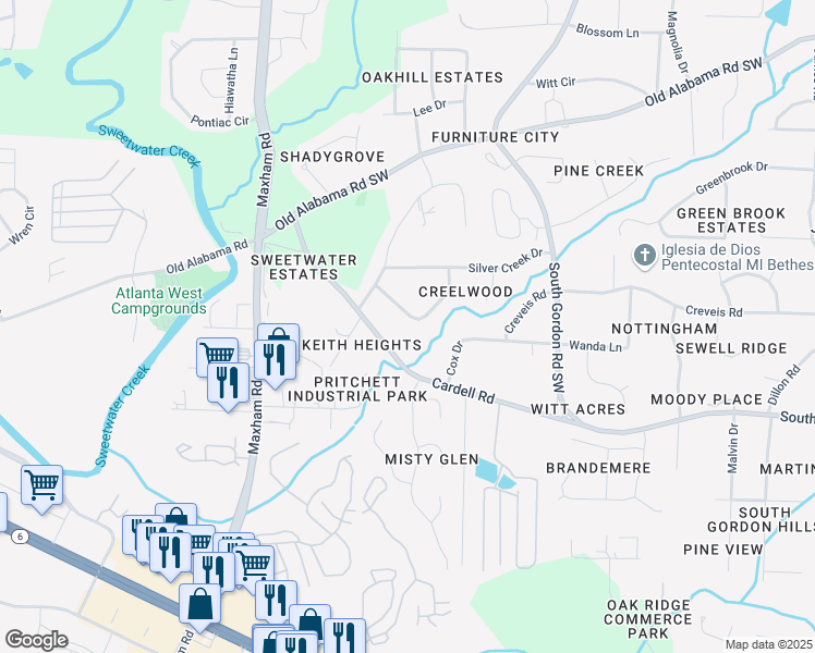 map of restaurants, bars, coffee shops, grocery stores, and more near 2043 Woodbine Circle in Austell