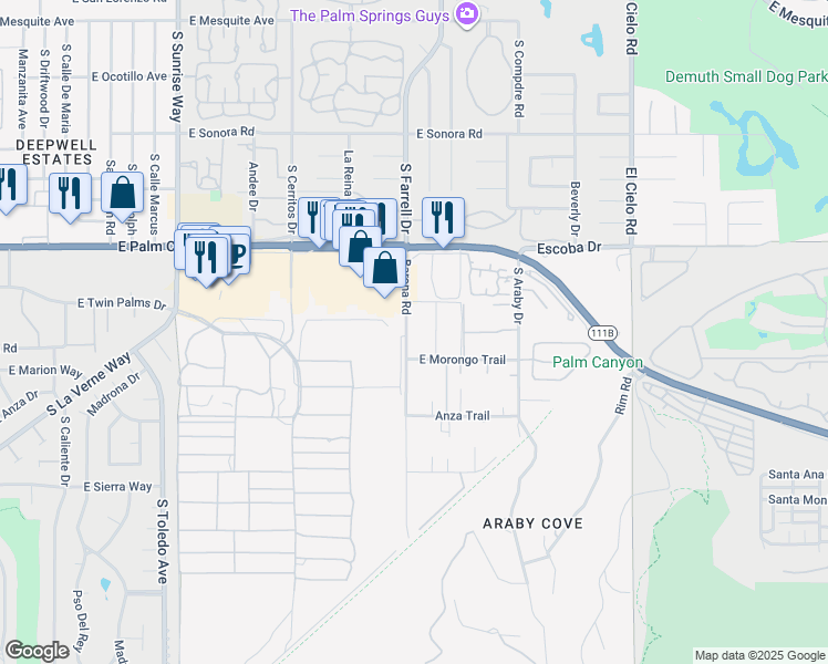 map of restaurants, bars, coffee shops, grocery stores, and more near 1836 South Barona Road in Palm Springs