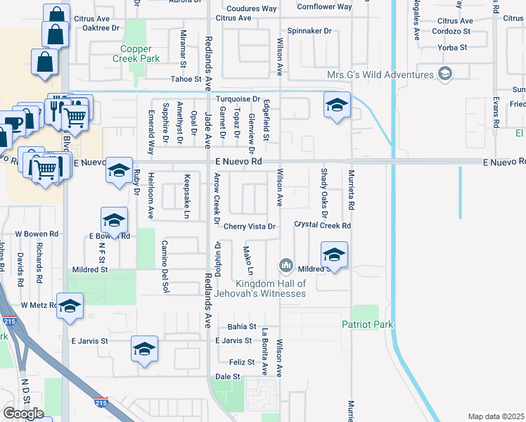 map of restaurants, bars, coffee shops, grocery stores, and more near 1462 Apple Creek Drive in Perris