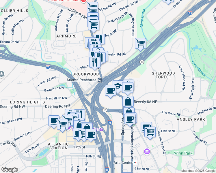 map of restaurants, bars, coffee shops, grocery stores, and more near 1650 Peachtree Street Northeast in Atlanta