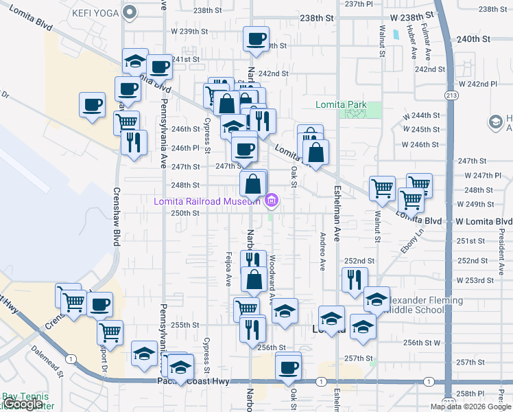 map of restaurants, bars, coffee shops, grocery stores, and more near 24836 Narbonne Avenue in Lomita