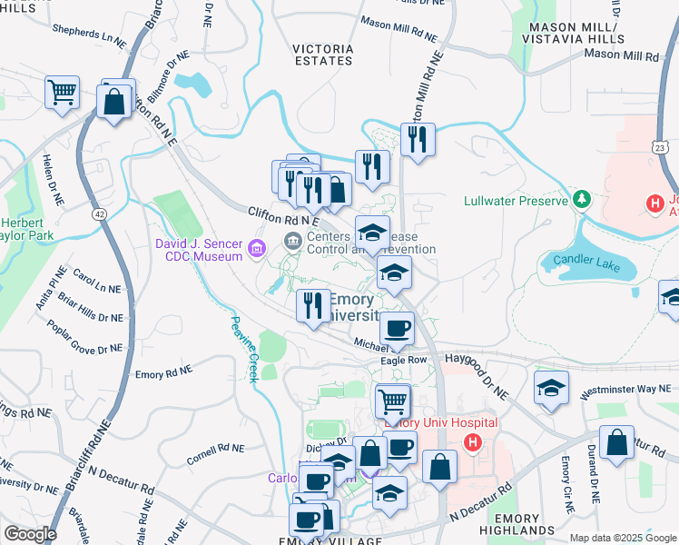 map of restaurants, bars, coffee shops, grocery stores, and more near 1600 East Clifton Road Northeast in Atlanta