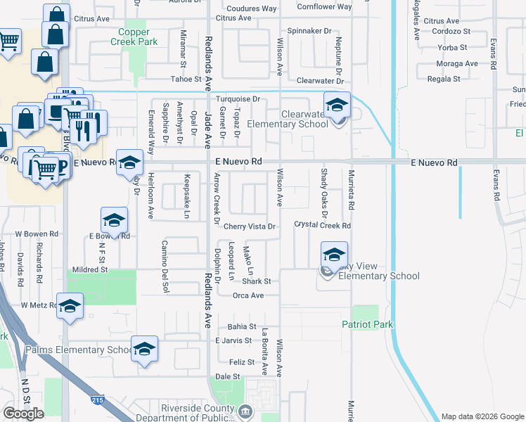 map of restaurants, bars, coffee shops, grocery stores, and more near 1462 Apple Creek Drive in Perris