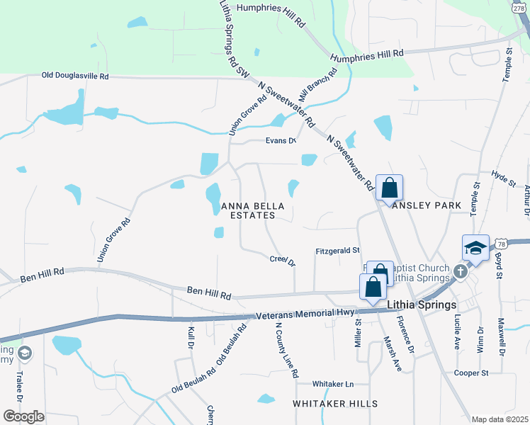 map of restaurants, bars, coffee shops, grocery stores, and more near 3980 Janet Street in Lithia Springs