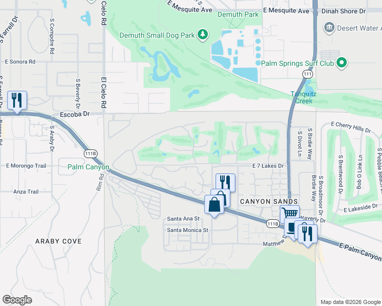 map of restaurants, bars, coffee shops, grocery stores, and more near 357 Westlake Terrace in Palm Springs