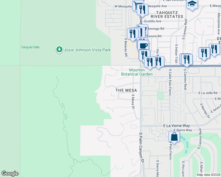 map of restaurants, bars, coffee shops, grocery stores, and more near 345 West Crestview Drive in Palm Springs