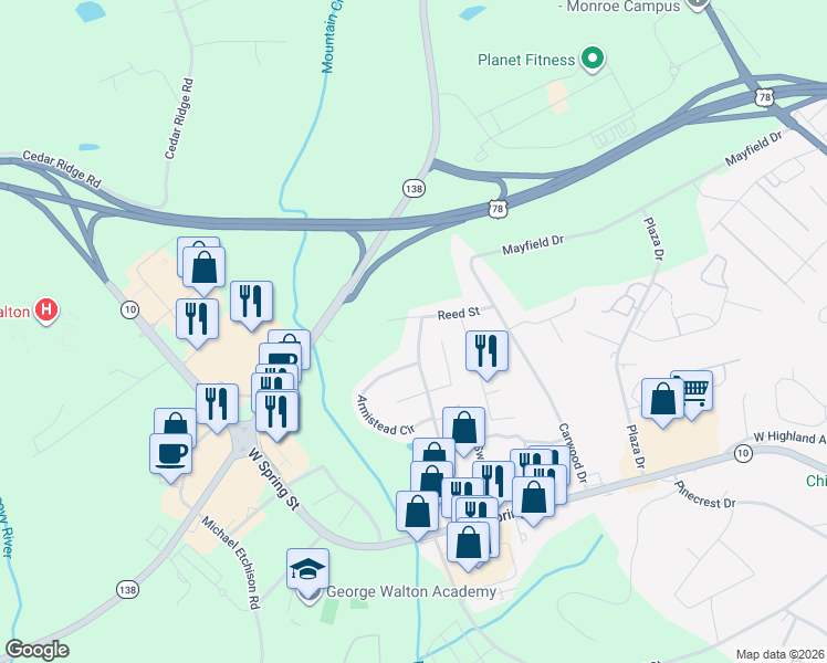 map of restaurants, bars, coffee shops, grocery stores, and more near 415 Etten Drive in Monroe