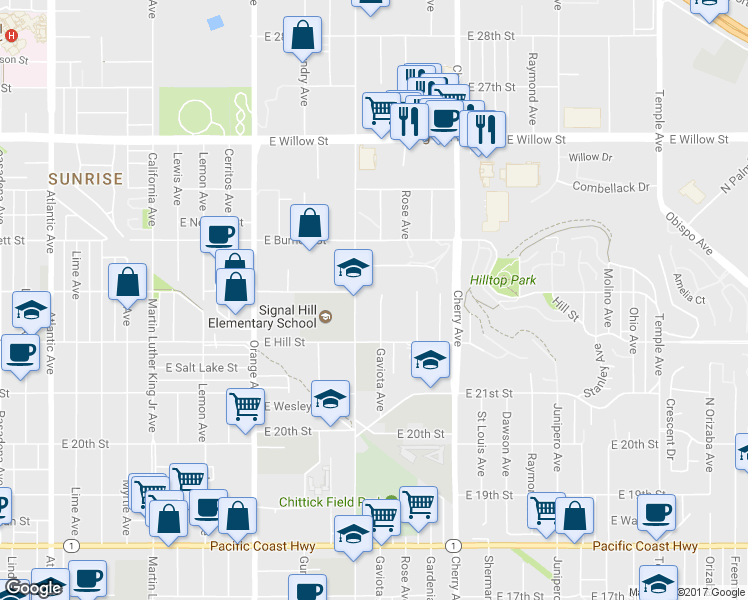 map of restaurants, bars, coffee shops, grocery stores, and more near 2283 Gaviota Avenue in Signal Hill