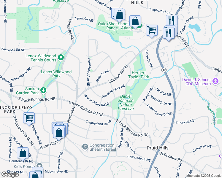 map of restaurants, bars, coffee shops, grocery stores, and more near 1290 Pasadena Avenue Northeast in Atlanta