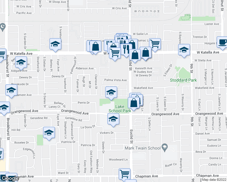 map of restaurants, bars, coffee shops, grocery stores, and more near 10801 Orangewood Avenue in Garden Grove