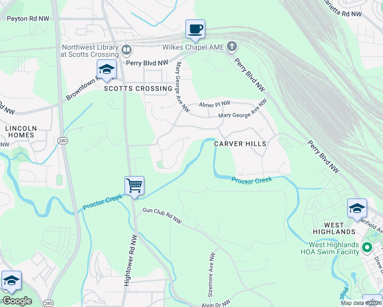 map of restaurants, bars, coffee shops, grocery stores, and more near 2589 Abner Place Northwest in Atlanta