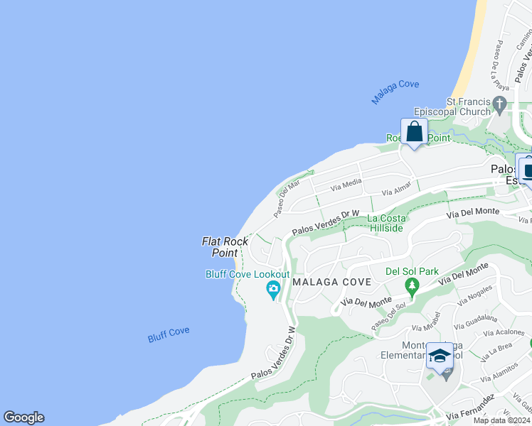 map of restaurants, bars, coffee shops, grocery stores, and more near 605 Paseo Del Mar in Palos Verdes Estates