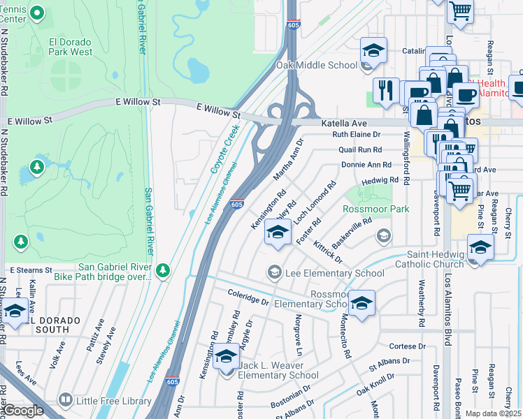 map of restaurants, bars, coffee shops, grocery stores, and more near 11331 Kensington Road in Rossmoor