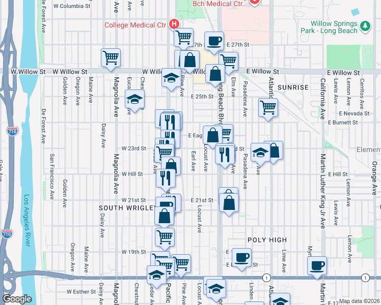 map of restaurants, bars, coffee shops, grocery stores, and more near 2250 Pine Avenue in Long Beach