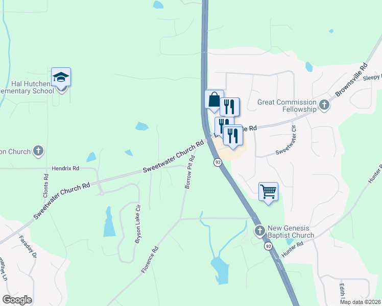 map of restaurants, bars, coffee shops, grocery stores, and more near 64 Borrow Pit Road in Douglasville