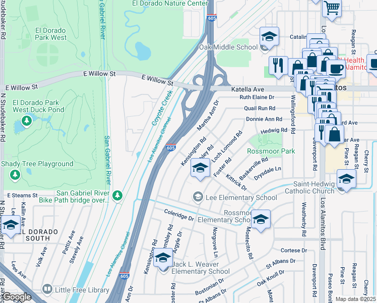 map of restaurants, bars, coffee shops, grocery stores, and more near 11331 Kensington Road in Rossmoor