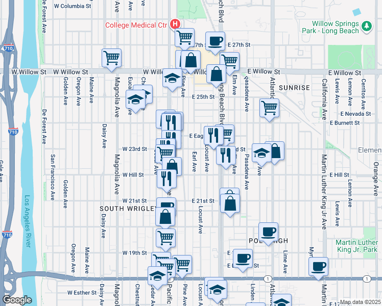map of restaurants, bars, coffee shops, grocery stores, and more near 2285 Earl Avenue in Long Beach
