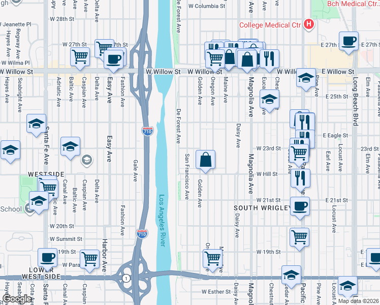 map of restaurants, bars, coffee shops, grocery stores, and more near 2280 San Francisco Avenue in Long Beach