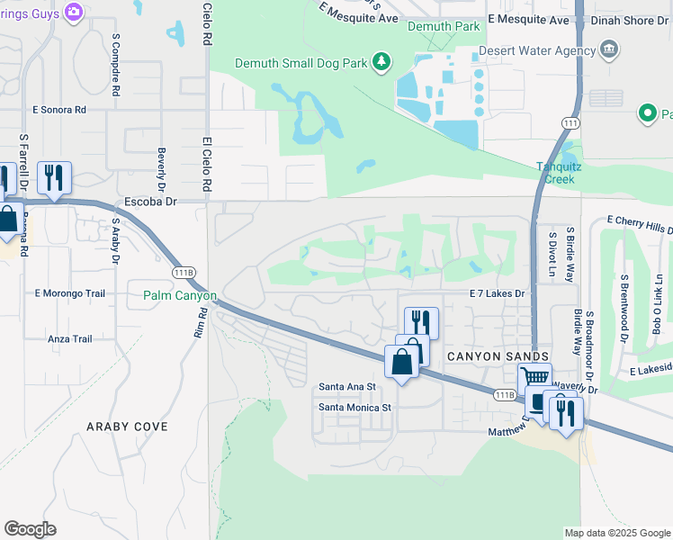 map of restaurants, bars, coffee shops, grocery stores, and more near 347 Westlake Terrace in Palm Springs