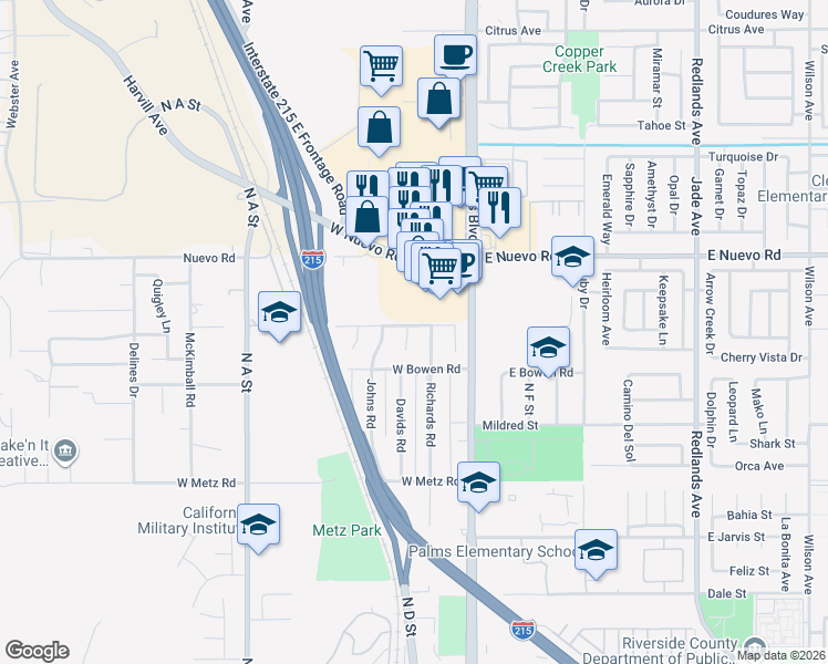 map of restaurants, bars, coffee shops, grocery stores, and more near 1327 Comiskey Court in Perris