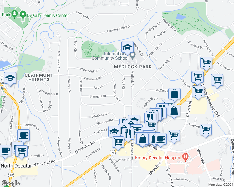 map of restaurants, bars, coffee shops, grocery stores, and more near 737 Sunnybrook Drive in Decatur