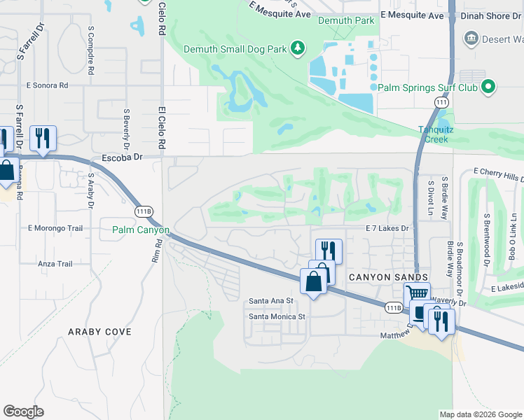 map of restaurants, bars, coffee shops, grocery stores, and more near 347 Westlake Terrace in Palm Springs