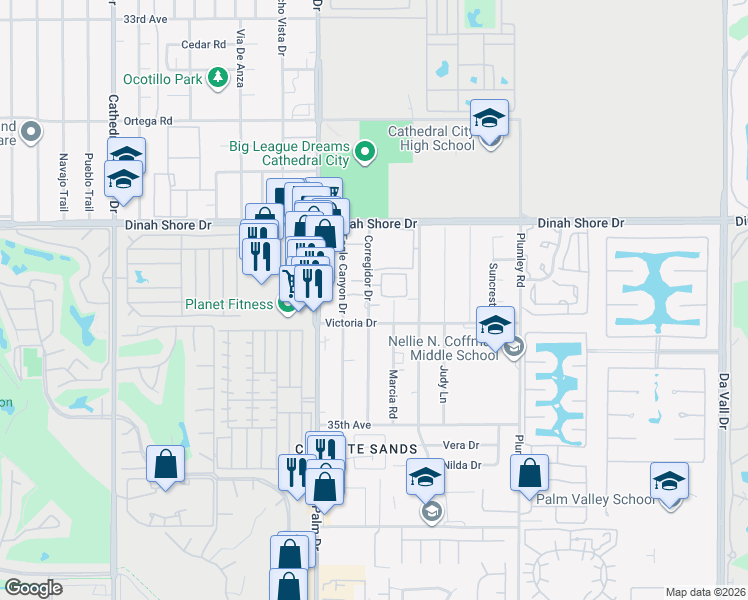 map of restaurants, bars, coffee shops, grocery stores, and more near 34260 Corregidor Drive in Cathedral City