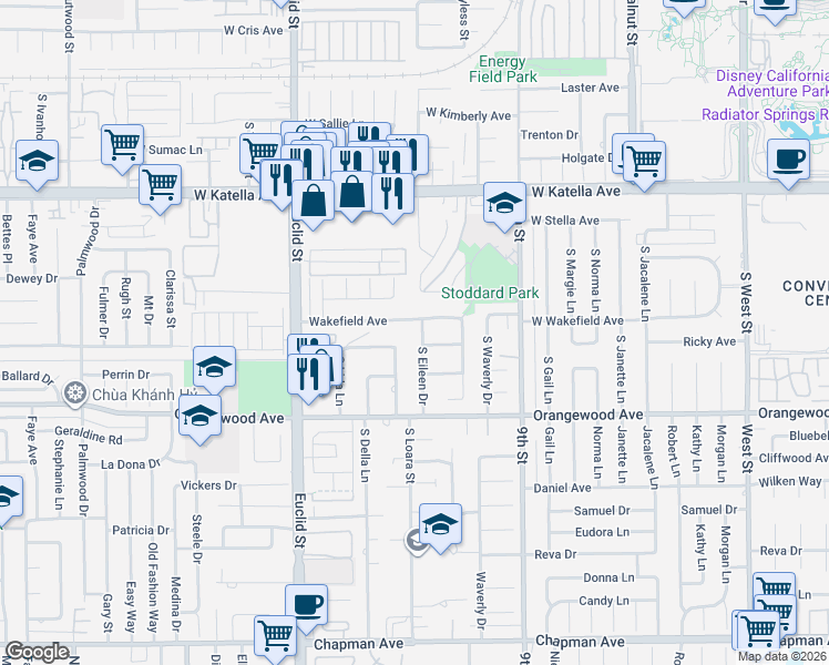 map of restaurants, bars, coffee shops, grocery stores, and more near 1616 West Ricky Avenue in Anaheim