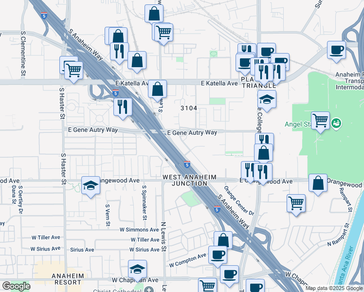 map of restaurants, bars, coffee shops, grocery stores, and more near 960 East Stanford Court in Anaheim
