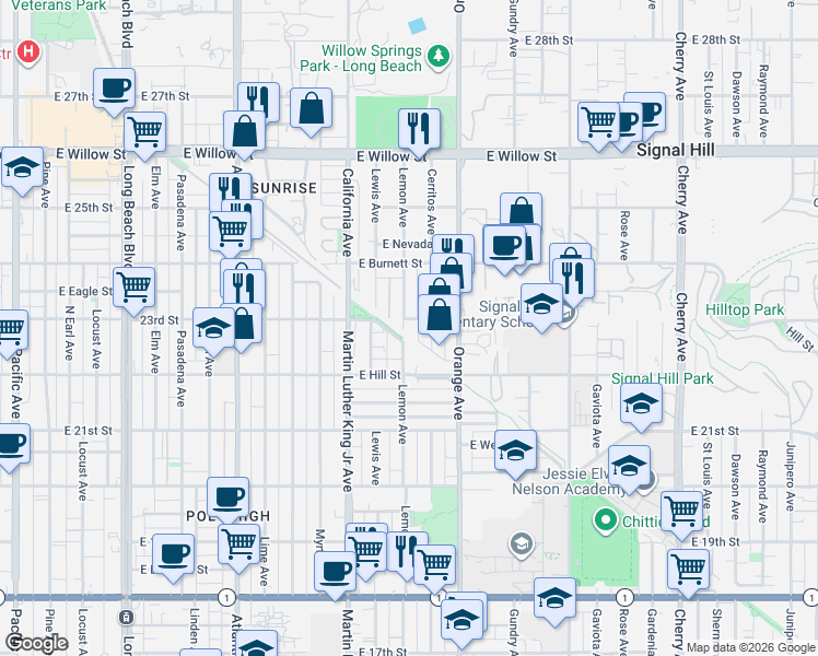 map of restaurants, bars, coffee shops, grocery stores, and more near 2239 Lemon Avenue in Long Beach