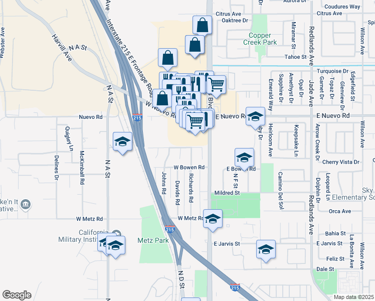 map of restaurants, bars, coffee shops, grocery stores, and more near 1256 Richards Road in Perris
