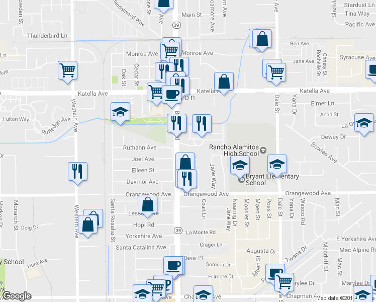 map of restaurants, bars, coffee shops, grocery stores, and more near 8037 Monaco in Stanton