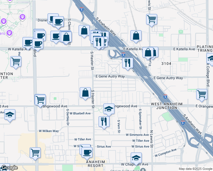 map of restaurants, bars, coffee shops, grocery stores, and more near 147 East Leatrice Lane in Anaheim
