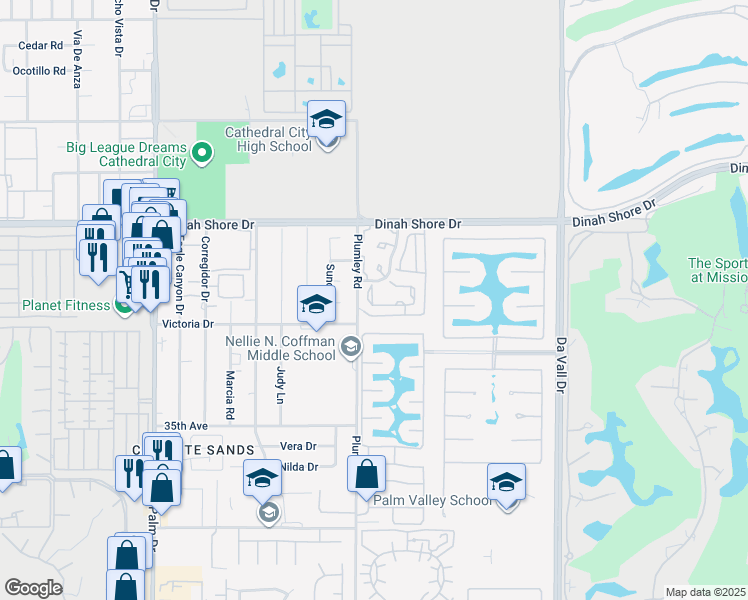 map of restaurants, bars, coffee shops, grocery stores, and more near 34392 Laura Way in Rancho Mirage