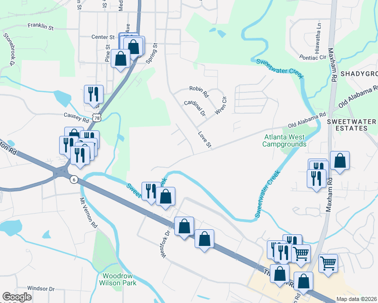 map of restaurants, bars, coffee shops, grocery stores, and more near 2548 Old Alabama Road in Austell