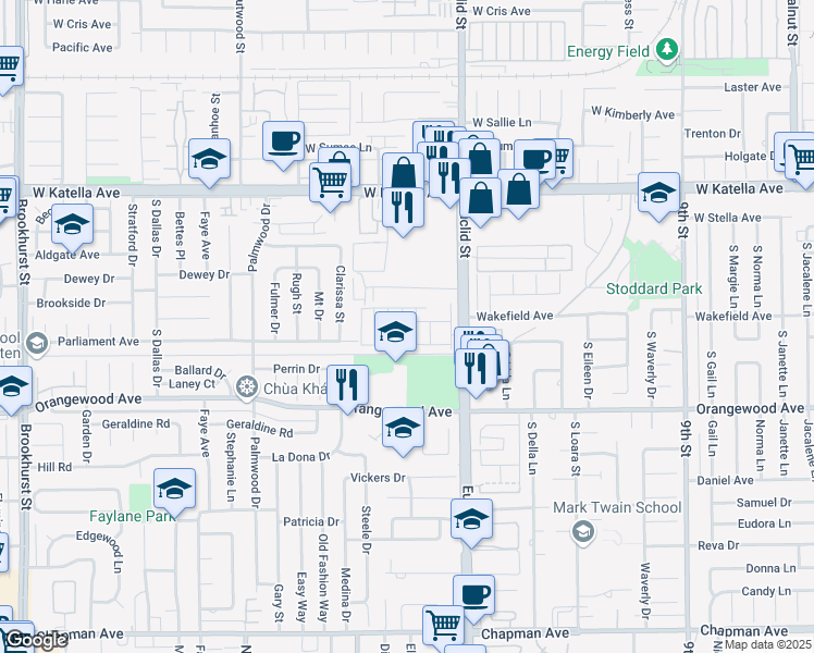 map of restaurants, bars, coffee shops, grocery stores, and more near 11301 Euclid Street in Garden Grove