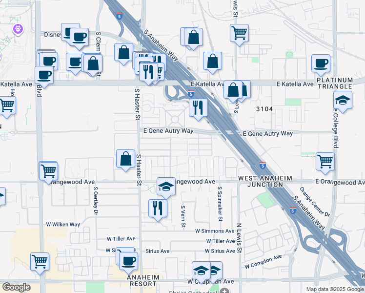 map of restaurants, bars, coffee shops, grocery stores, and more near 315 Pearson Avenue in Anaheim
